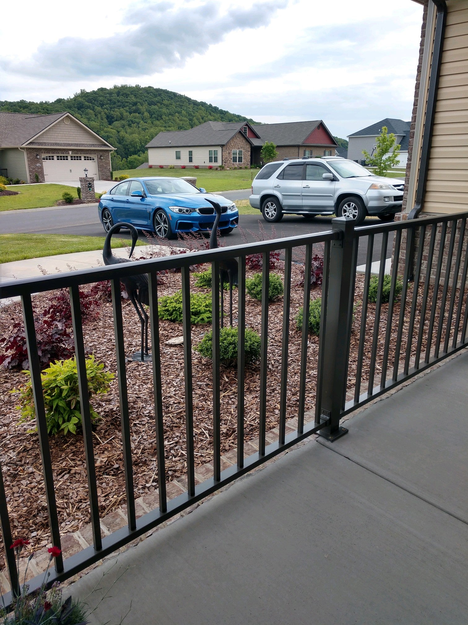 Image of Handrail system from Myyardfence Black metal fence panels residential Fences come standard in 6' lengths and are available in 3', 4', 5', and 6' heights. Available at Myyardfence.com